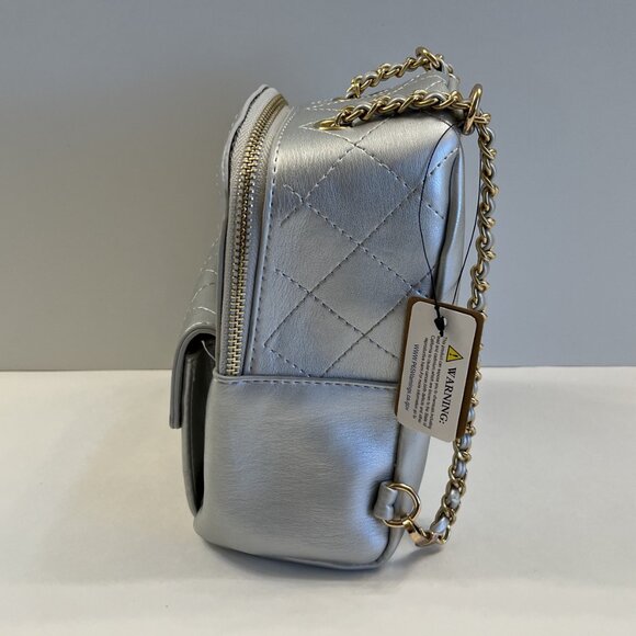 Quilted Puffer Backpack in Shiny Silver with Gold Rope Straps - NWT - Picture 3 of 9